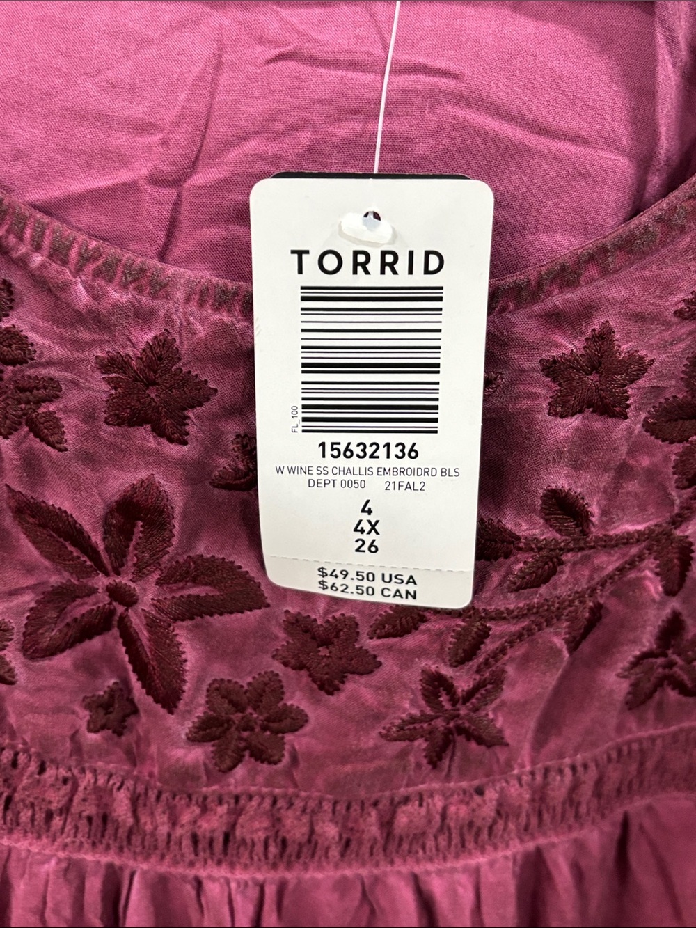 Torrid wine short sleeve challis embroidered blouse size 4X - Picture 5 of 5